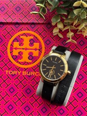 Tory Burch Black and Gold Double-Wrap Leather Watch